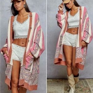 POL Color Block ChenillePockets Open Front Loose Cardigan